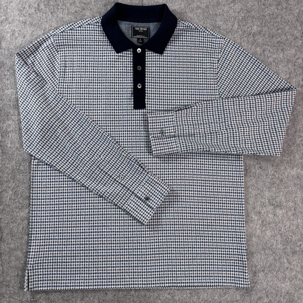 Todd Snyder Long Sleeve Sweater Polo Knit Shirt Men's Size L Micro Check Cotton - Picture 2 of 8